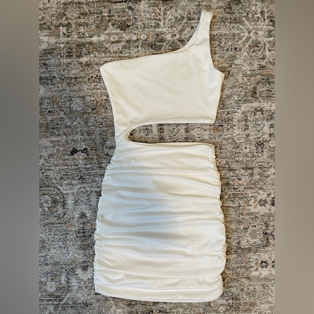 White One Shoulder Sleeveless Cutout Ruched Bodycon Mini Dress